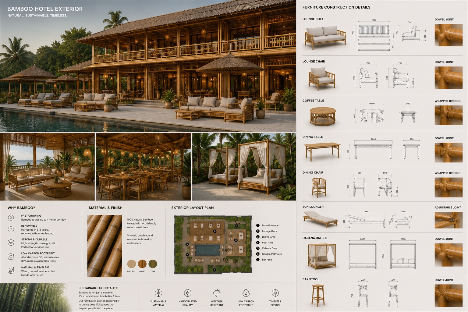 Bamboo outdoor hotel furniture and construction drawings